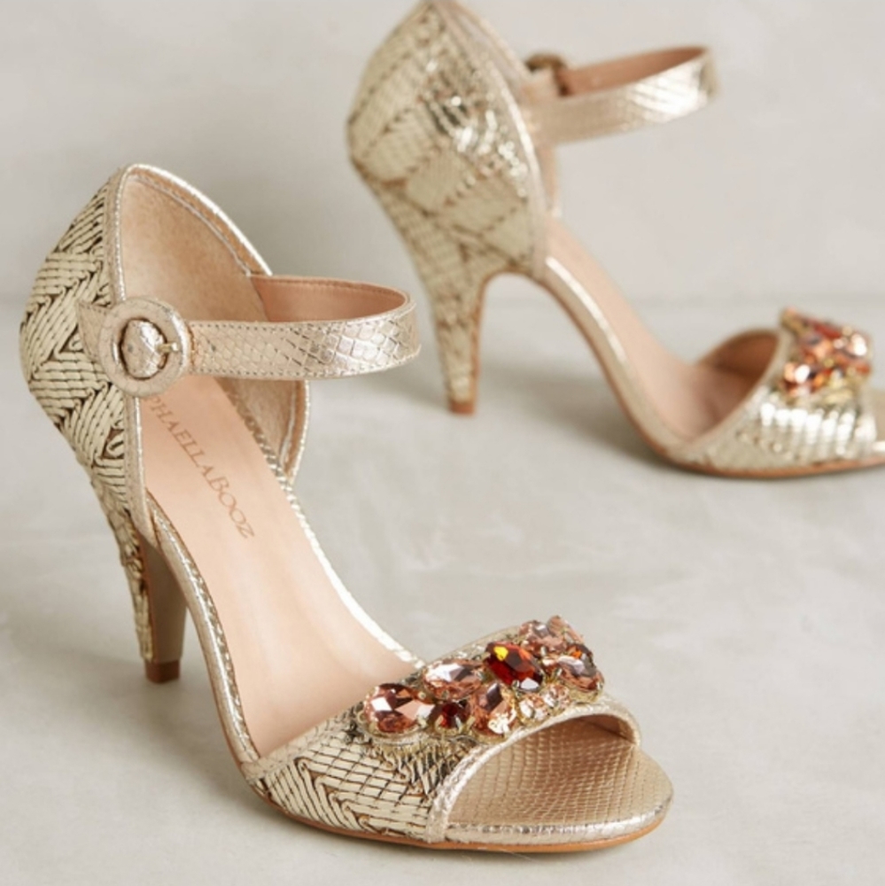 ANTHROPOLOGIE RAAPHAELLA BOOZ Gold & Gemstone Open-Toe Heels